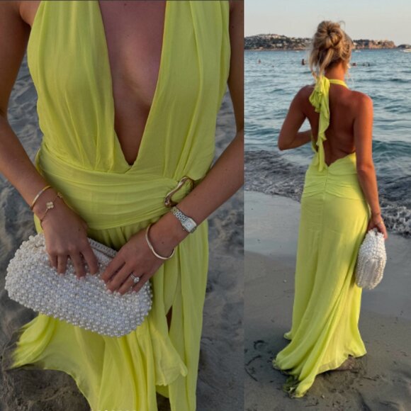 House of CB Olessia Acid Lime Backless Halter Maxi Dress Size L+ XL - Picture 2 of 13